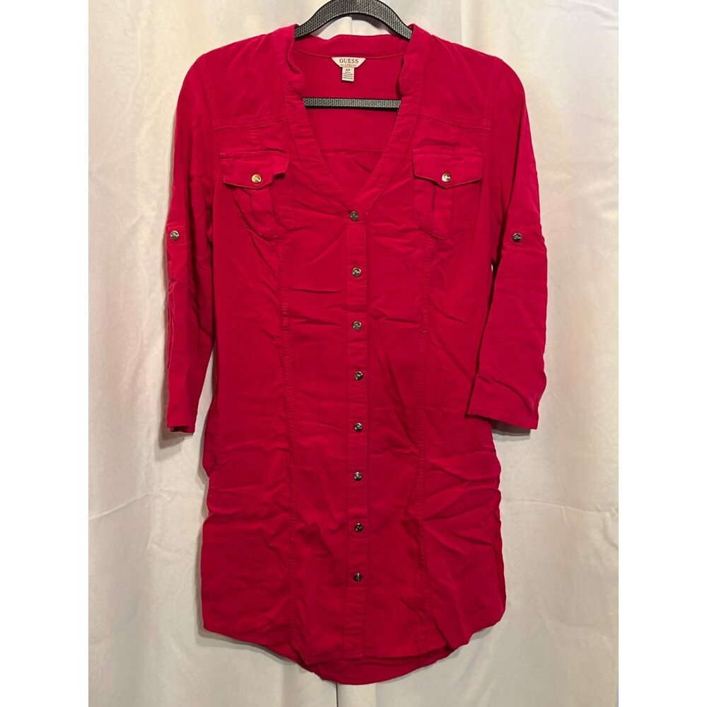 Guess Womens Pink Button-Up Tunic Shirt Dress With 3/4 Sleeves & Chest Pockets